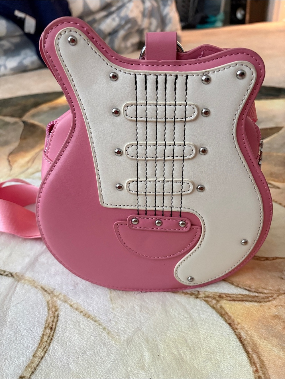 Pink Guitar-Shaped Mini Crossbody Bag with White Accent